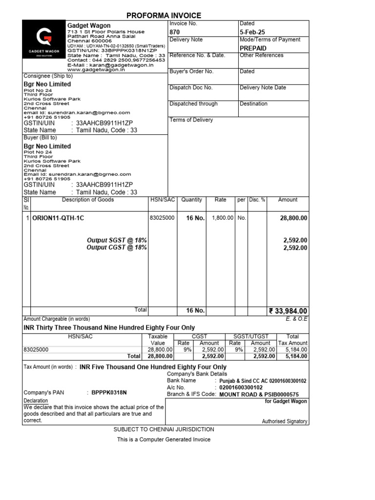 Proforma Invoice for Gadget Wagon | PDF | Taxation | Payments