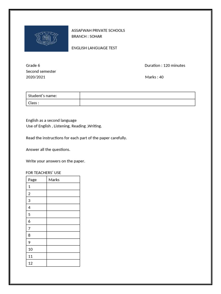 Grade 6 English Language Test 2021 | PDF | Astronomy | Planets