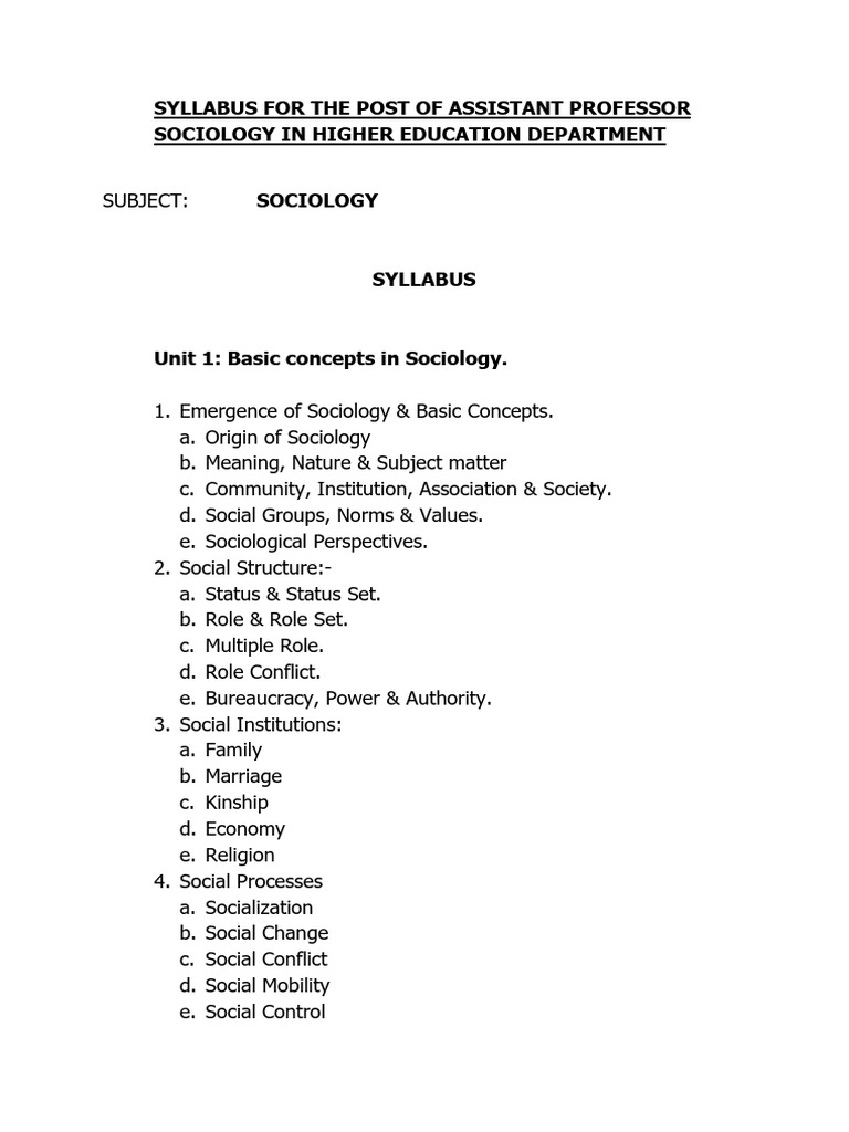 Syllabus For The Post of Assistant Professor Sociology in Higher ...