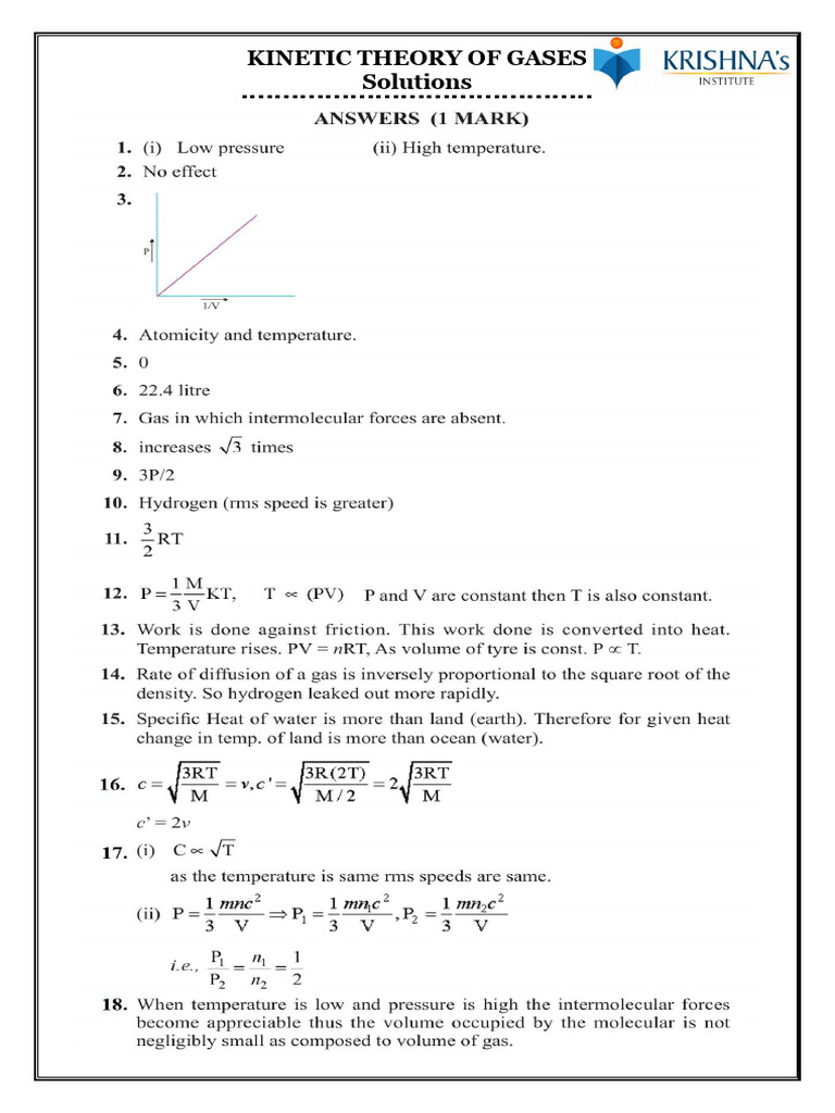 Kinetic Theory of Gases Questions (Solutions) | PDF