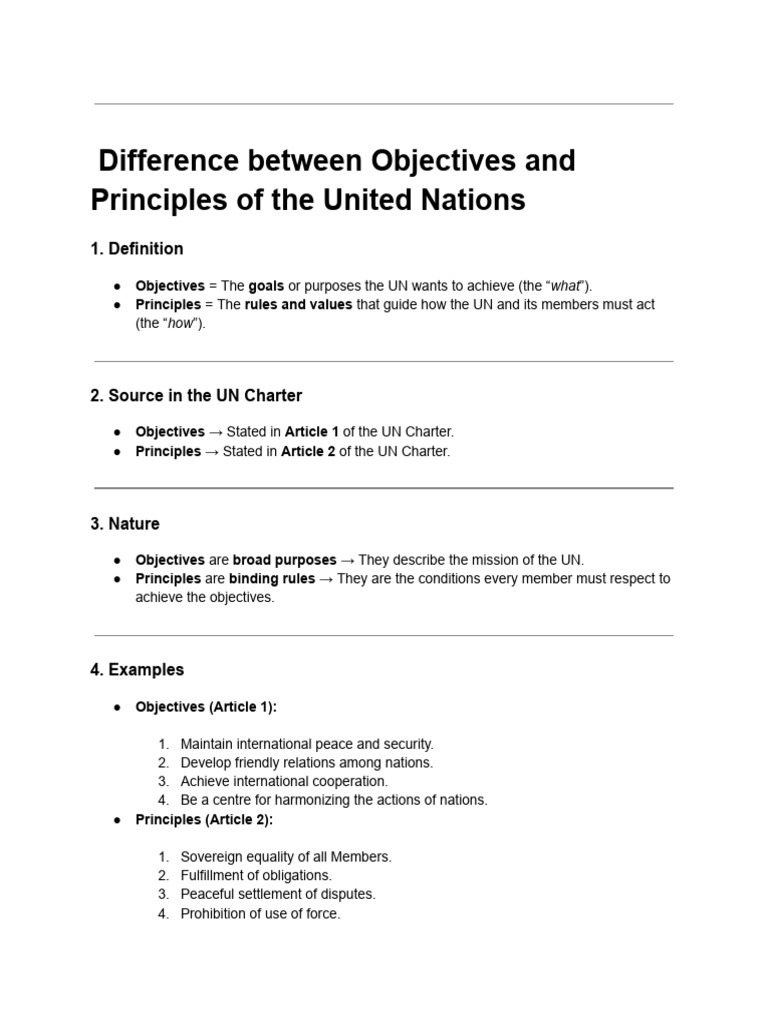 Difference Between Objectives and Principles of the United Nations | PDF