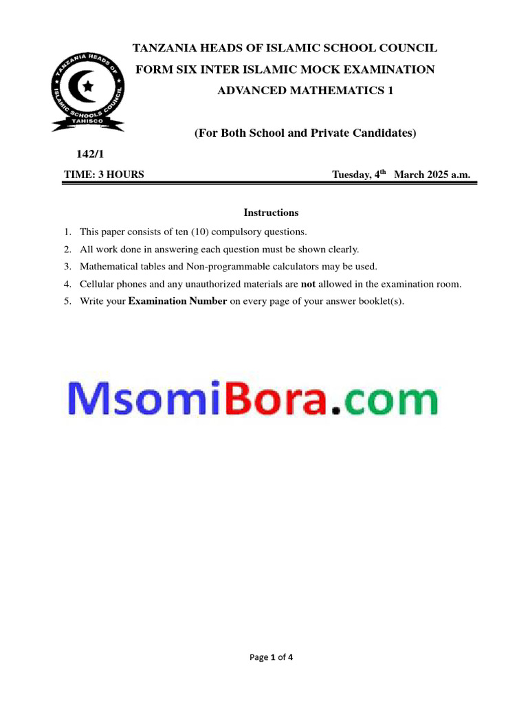 Inter Islamic Mock Exam: Advanced Math 2025 | PDF | Acceleration ...