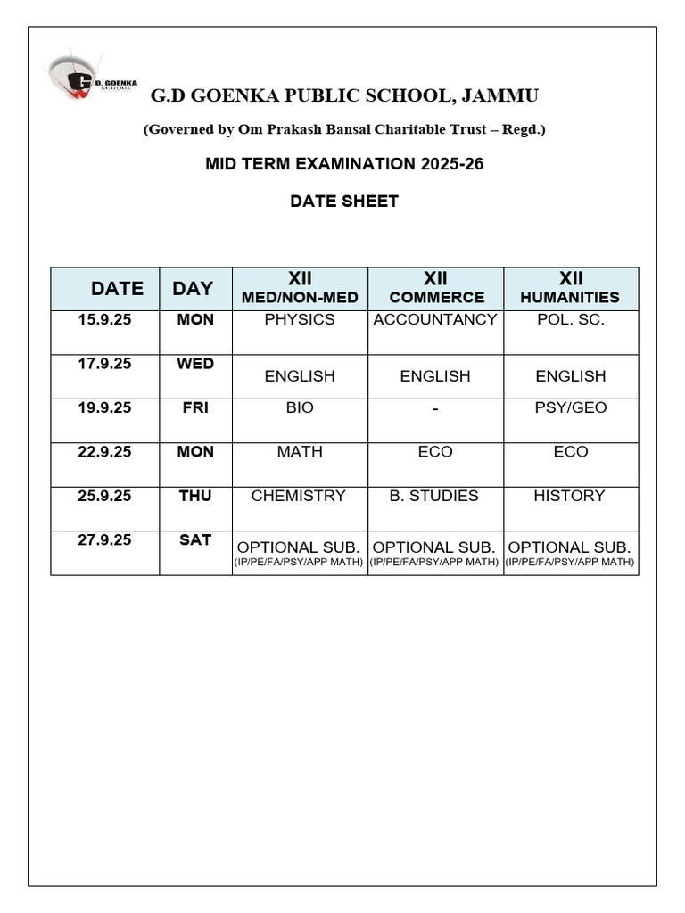 Xii Datesheet Mid Term Exam | PDF