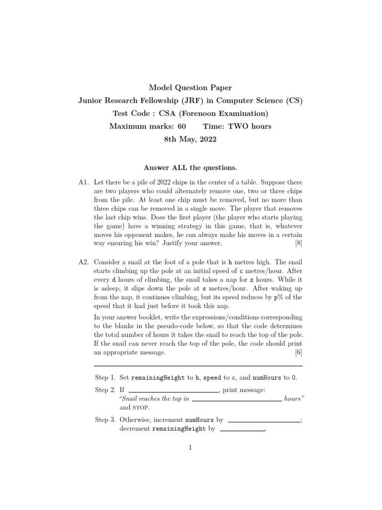JRF Computer Science Model Question Paper | PDF | Mathematics ...