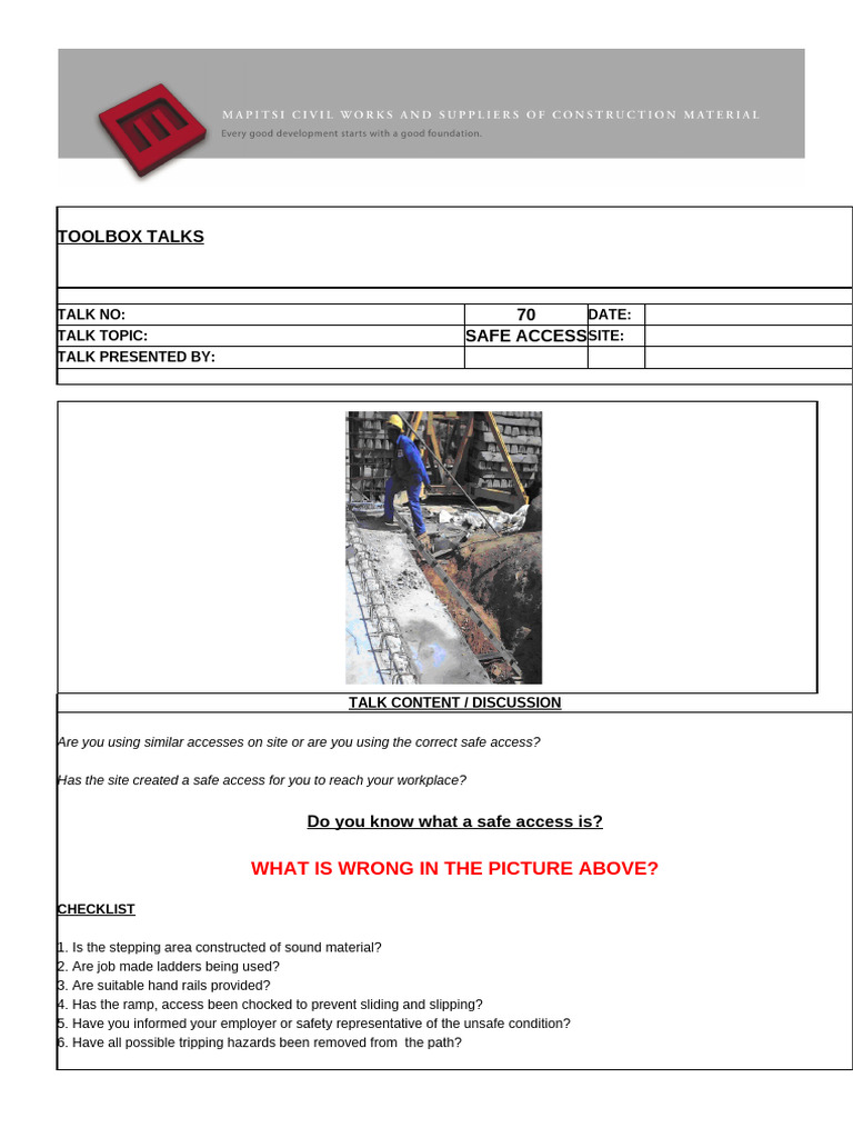 Safe Access Toolbox Talk Guidelines | PDF