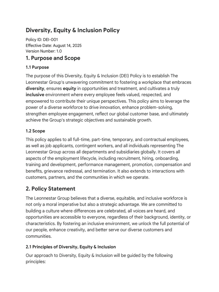 DEI Policy for Inclusive Workplace | PDF | Diversity (Business ...