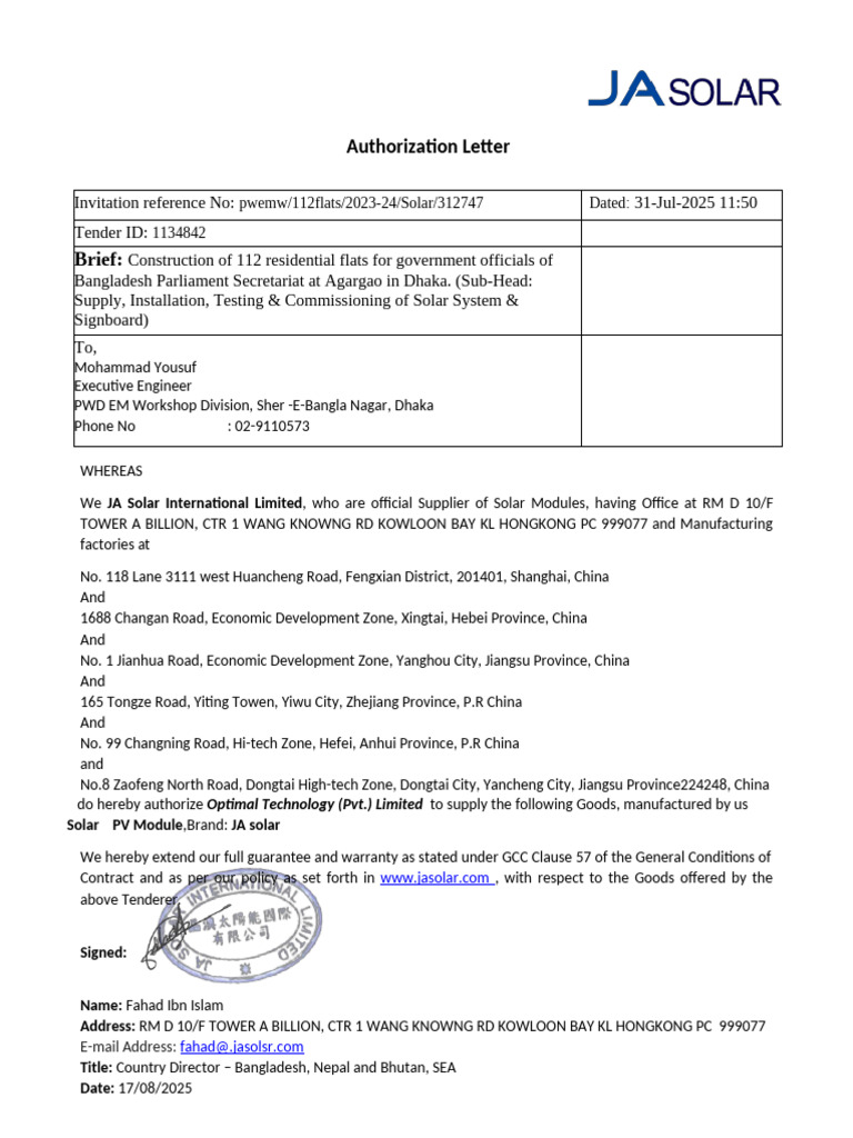 Authorization for Solar System Supply | PDF