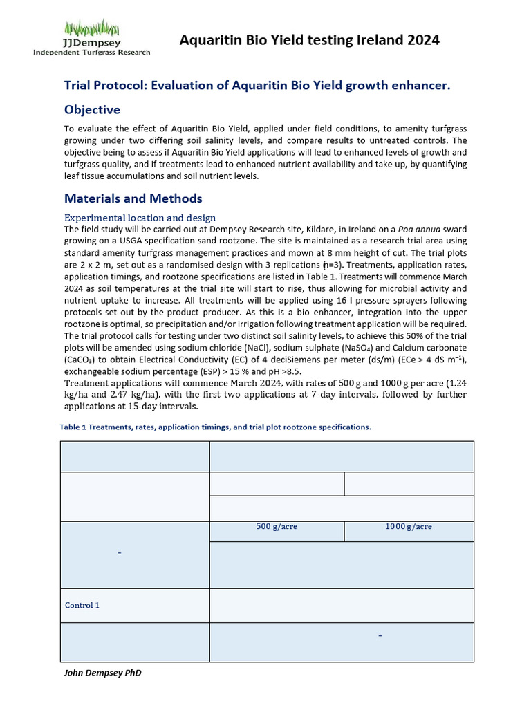 Aquaritin Bio Yield Trial Protocol Ireland 2024 | PDF | Soil | Sodium ...