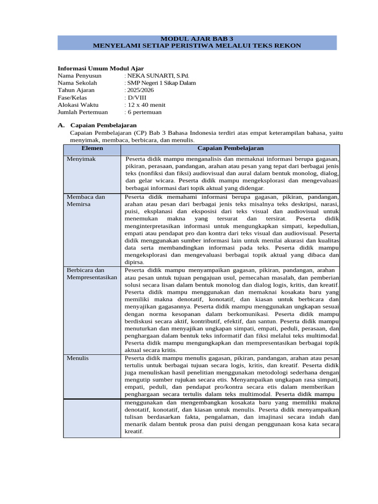 7.3 Modul Ajar Bab 3 - Bahasa Indonesia SMP Kelas Ix | PDF