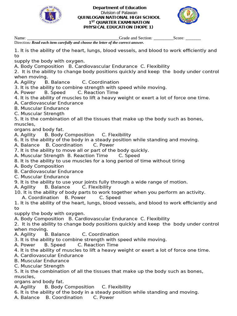 Hope 1 Test Questions (1st) | PDF | Flexibility (Anatomy) | Physical ...