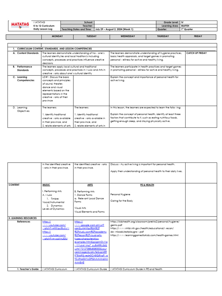 K-12 MAPEH Daily Lesson Log Week 1 | PDF | Curriculum | Hygiene