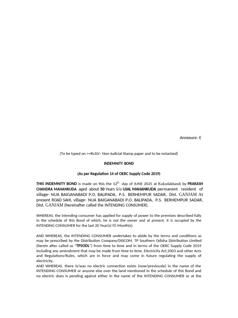 Indemnity Bond for Electricity Supply | PDF | Indemnity | Civil Law ...