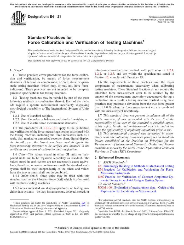 Force Calibration and Verification of Testing Machines: Standard ...