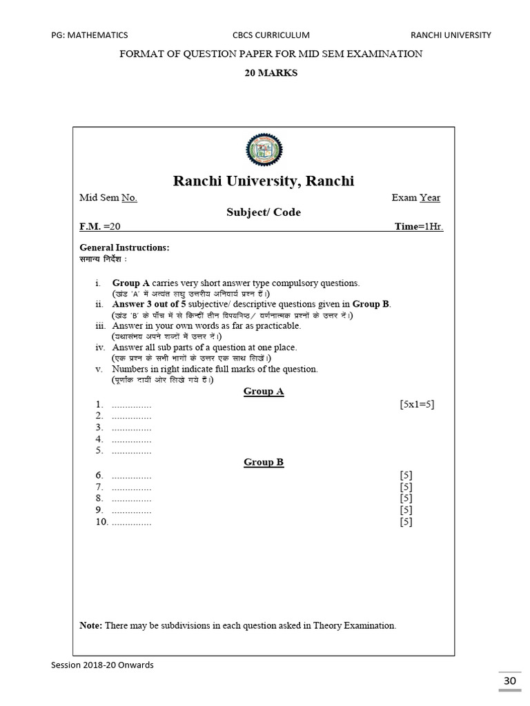 Mid Sem Exam Format for Mathematics | PDF