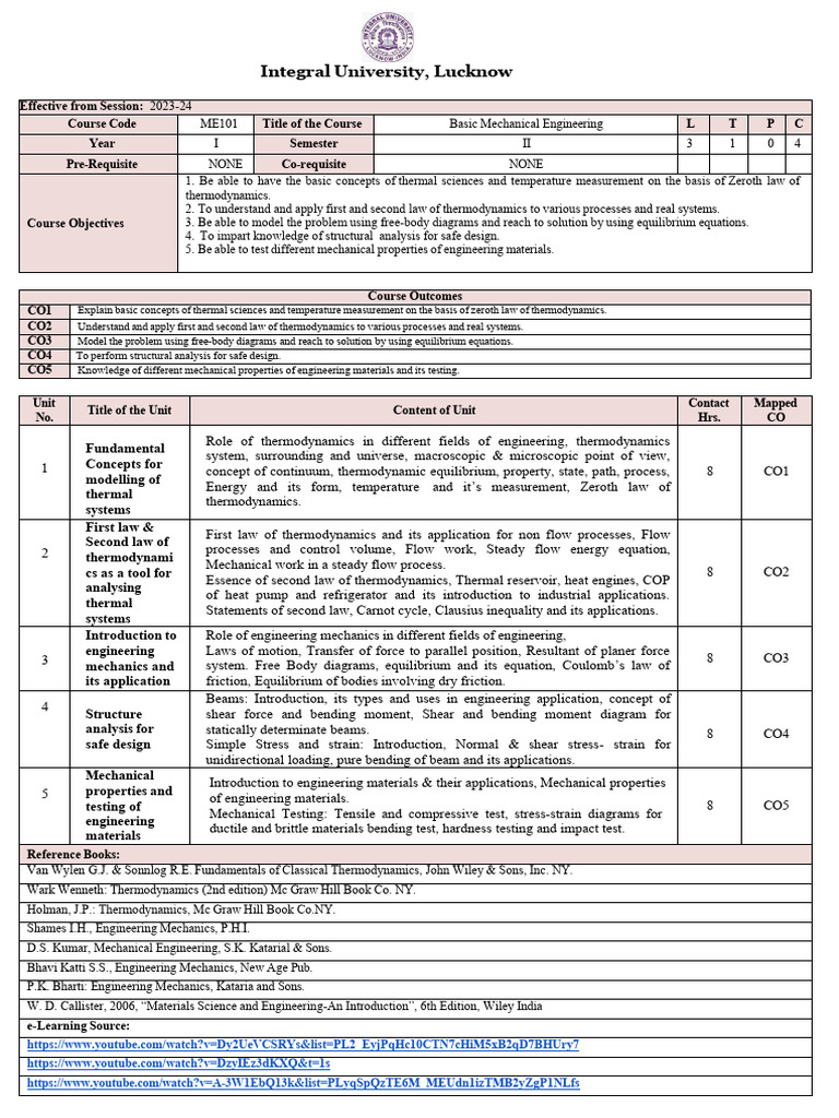 Basic Mechanical Engineering Course Outline | PDF | Transistor | Field ...