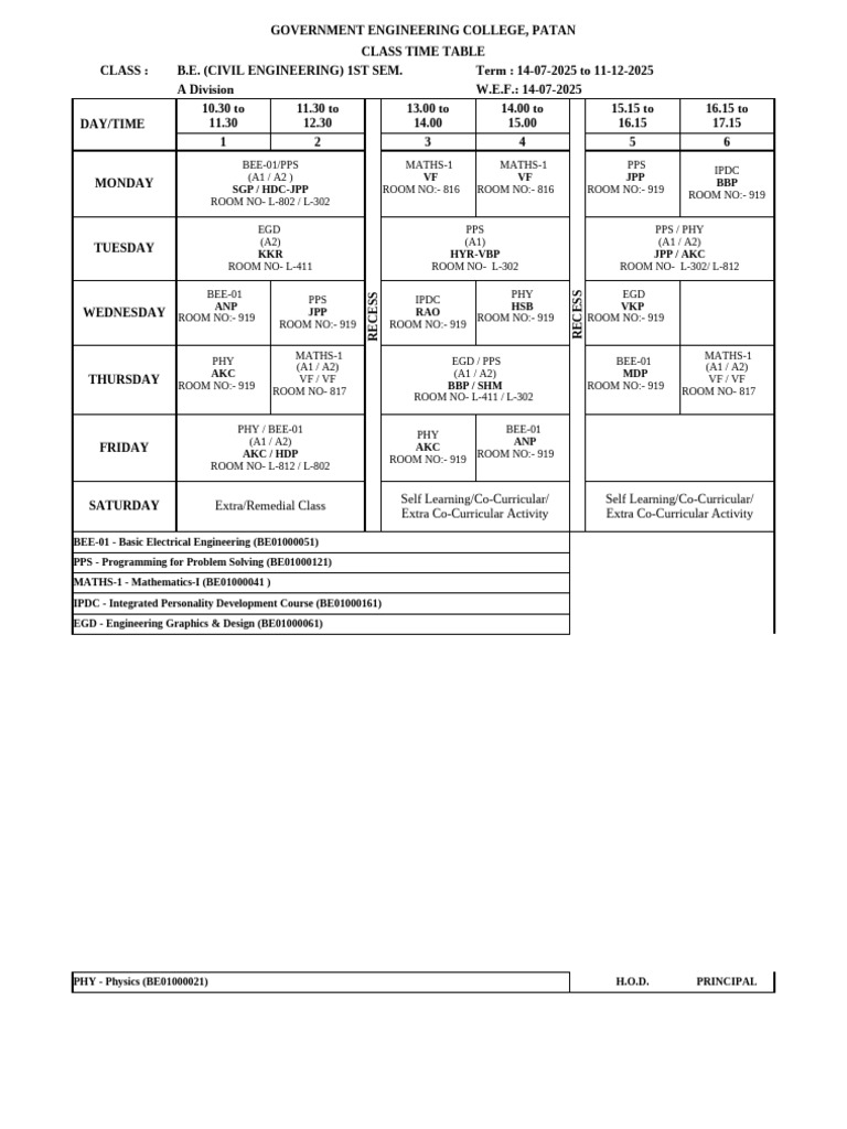 Revised Time Table - ODD SEM - 1 | PDF