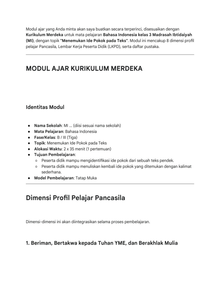 Modul Ajar Bahasa Indonesia Kelas 3 MI | PDF