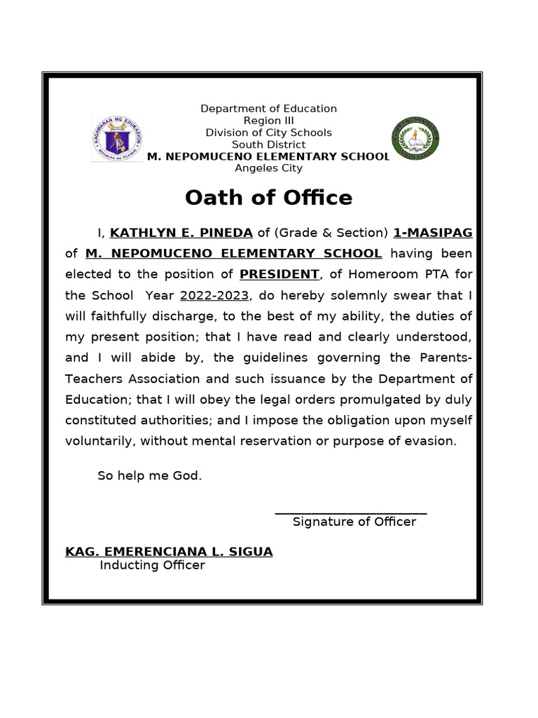 M. Nepomuceno Elementary PTA Oath | PDF | Oath Of Office | Government