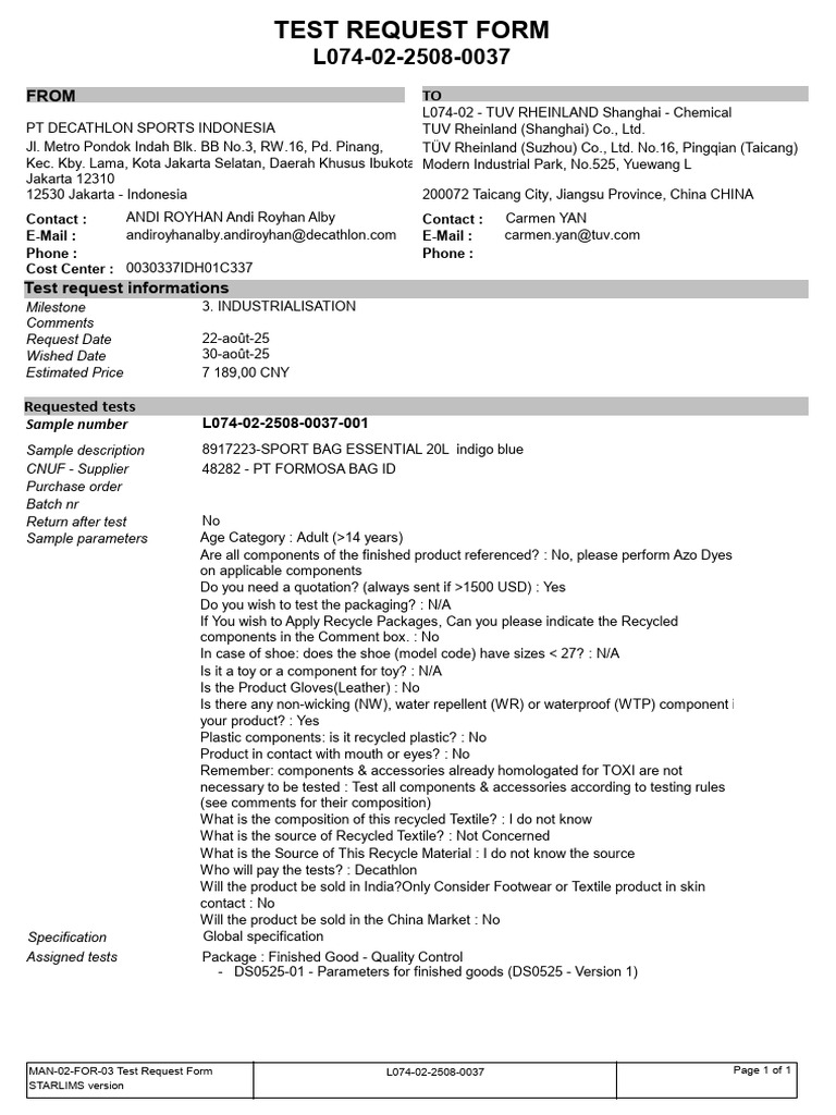 Test Request Form R25070272 | PDF
