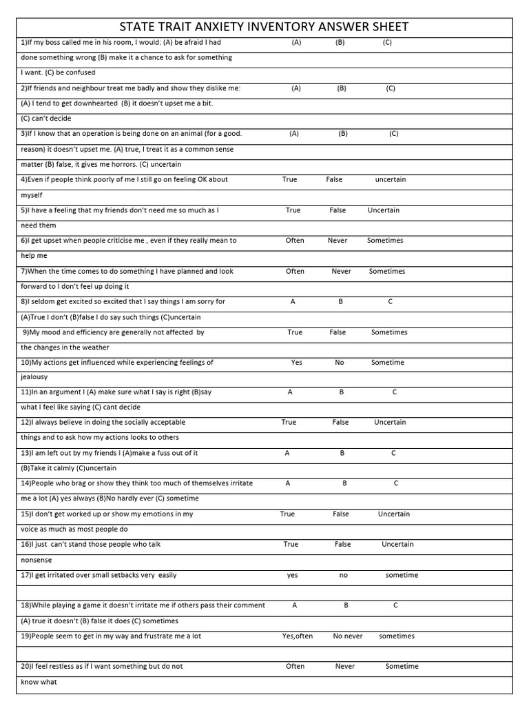 State Trait Anxiety Inventory Sheet | PDF | Feeling | Psychology