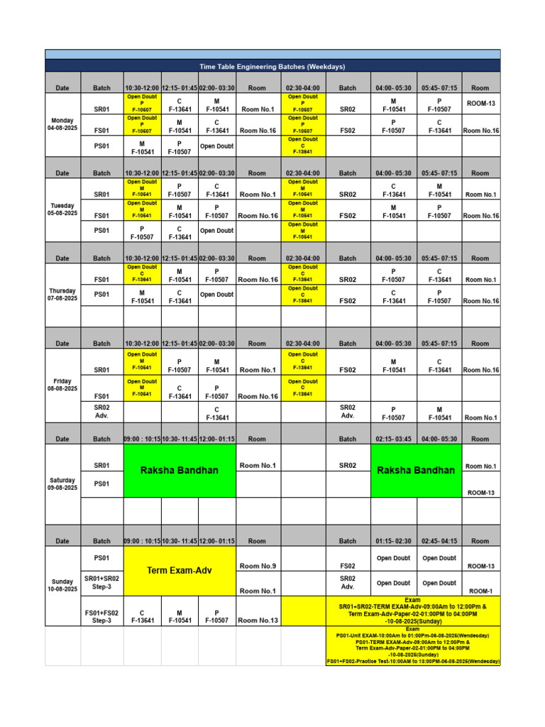 Weekday Engineering Batch Schedule | PDF