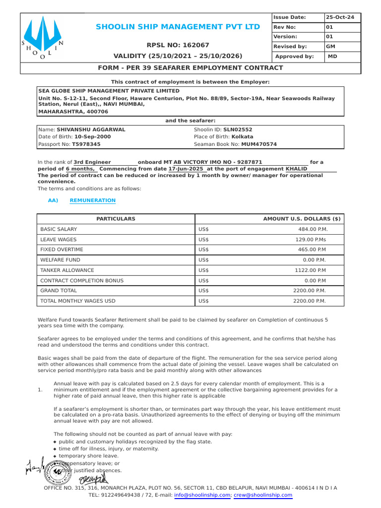 Seafarer Employment Contract Details | PDF | Sailor | Employment
