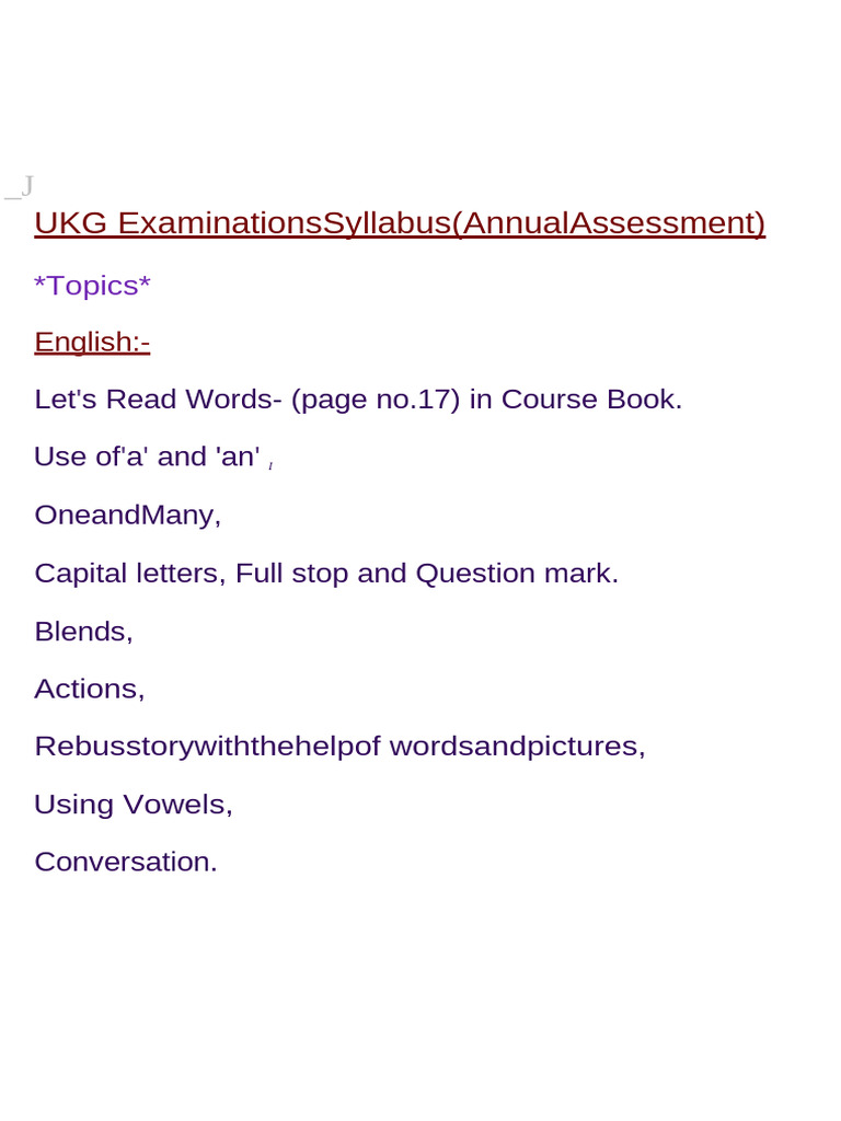 UKG - Annual Exam Syllabus - 2025 | PDF