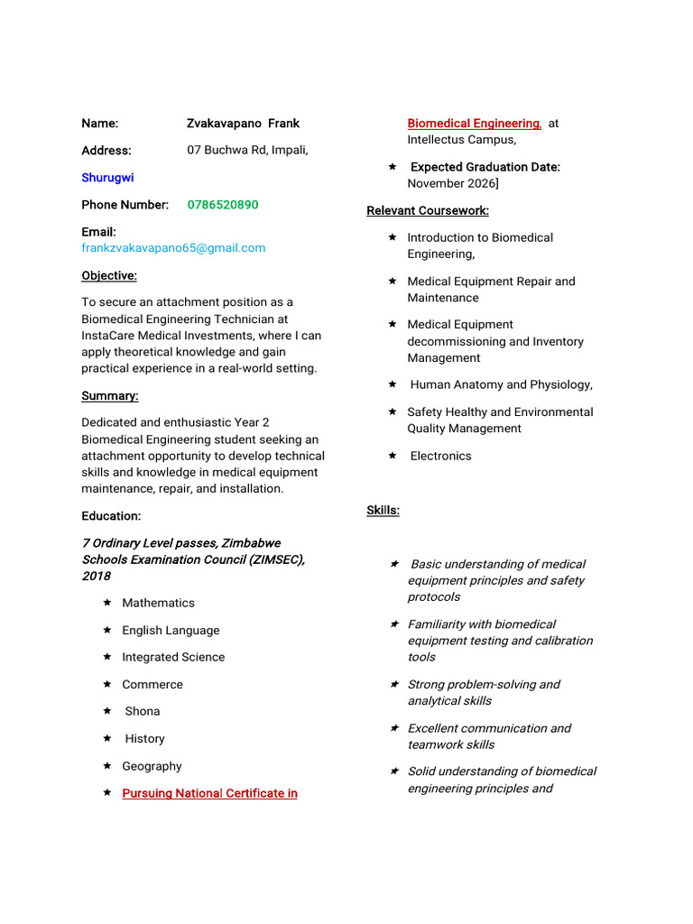 Biomedical Engineering Student CV | PDF | Biomedical Engineering ...