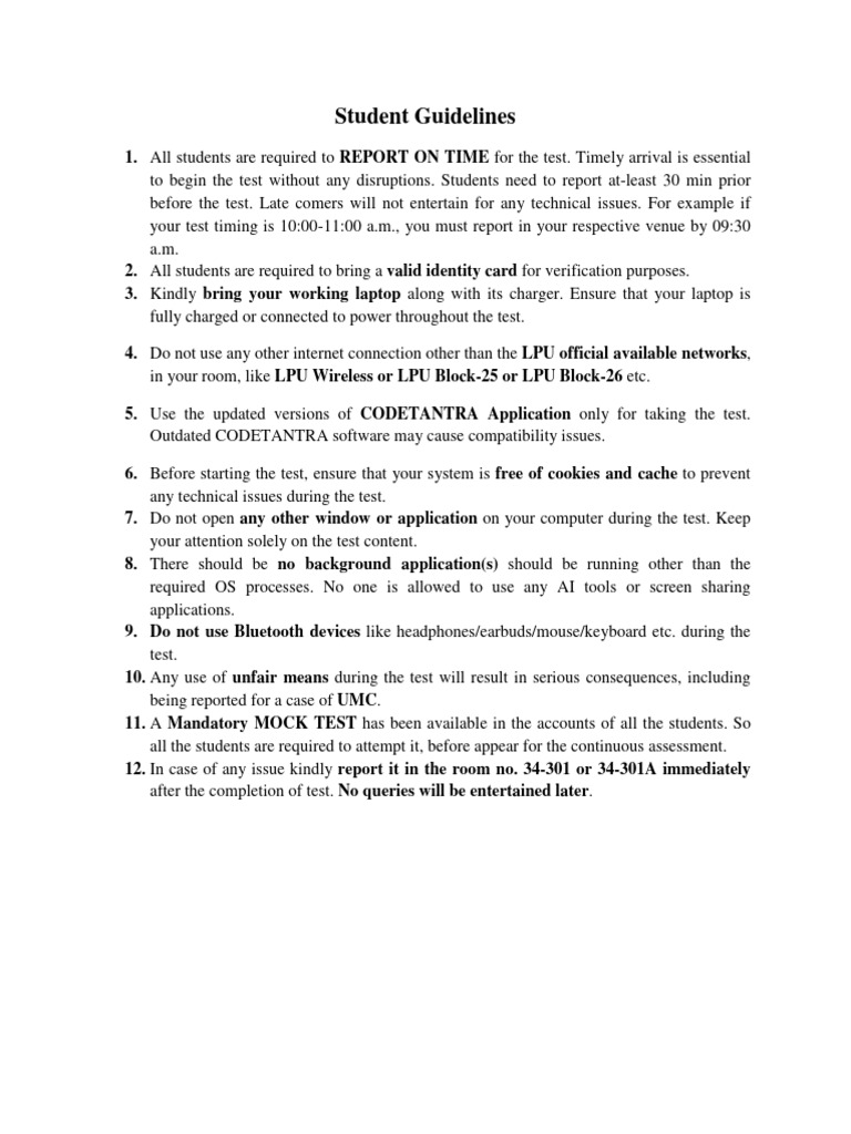 Student Test Guidelines and Requirements | PDF