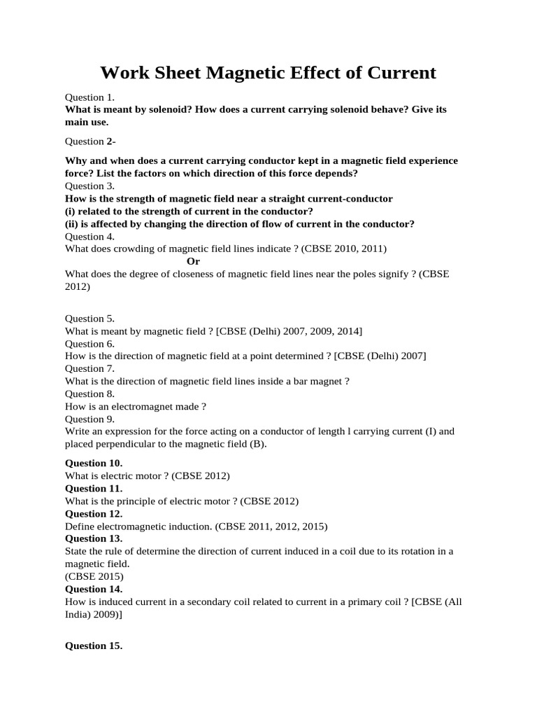 Magnetic Effects of Current Worksheet | PDF | Alternating Current ...