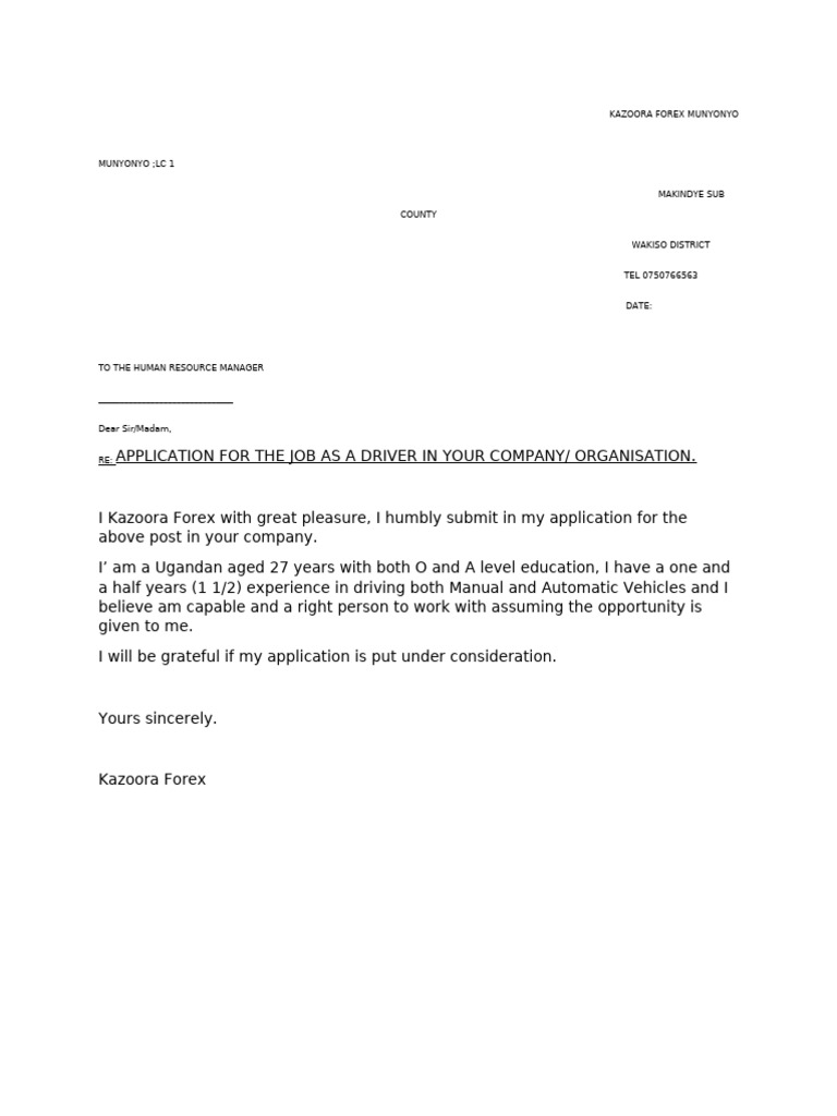 Driver Job Application by Kazoora Forex | PDF
