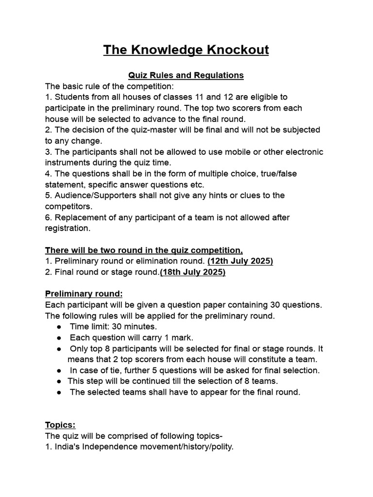 Knowledge Knockout Quiz Rules 2025 | PDF