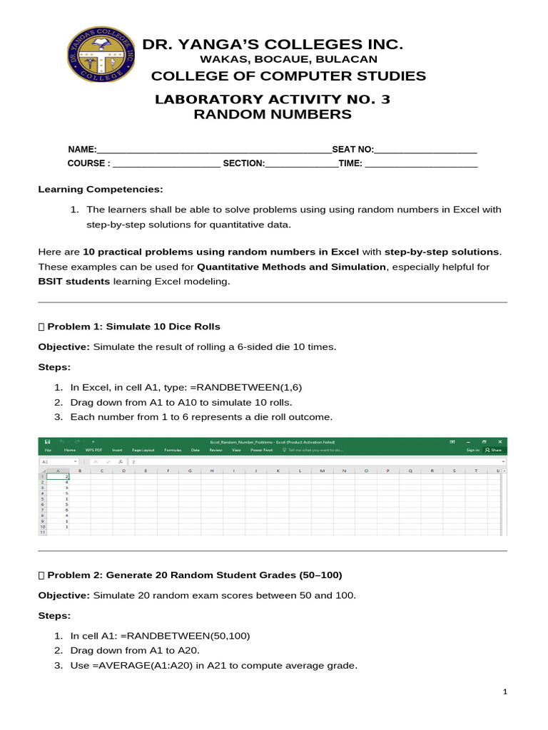 Excel Random Number Activities | PDF | Applied Mathematics