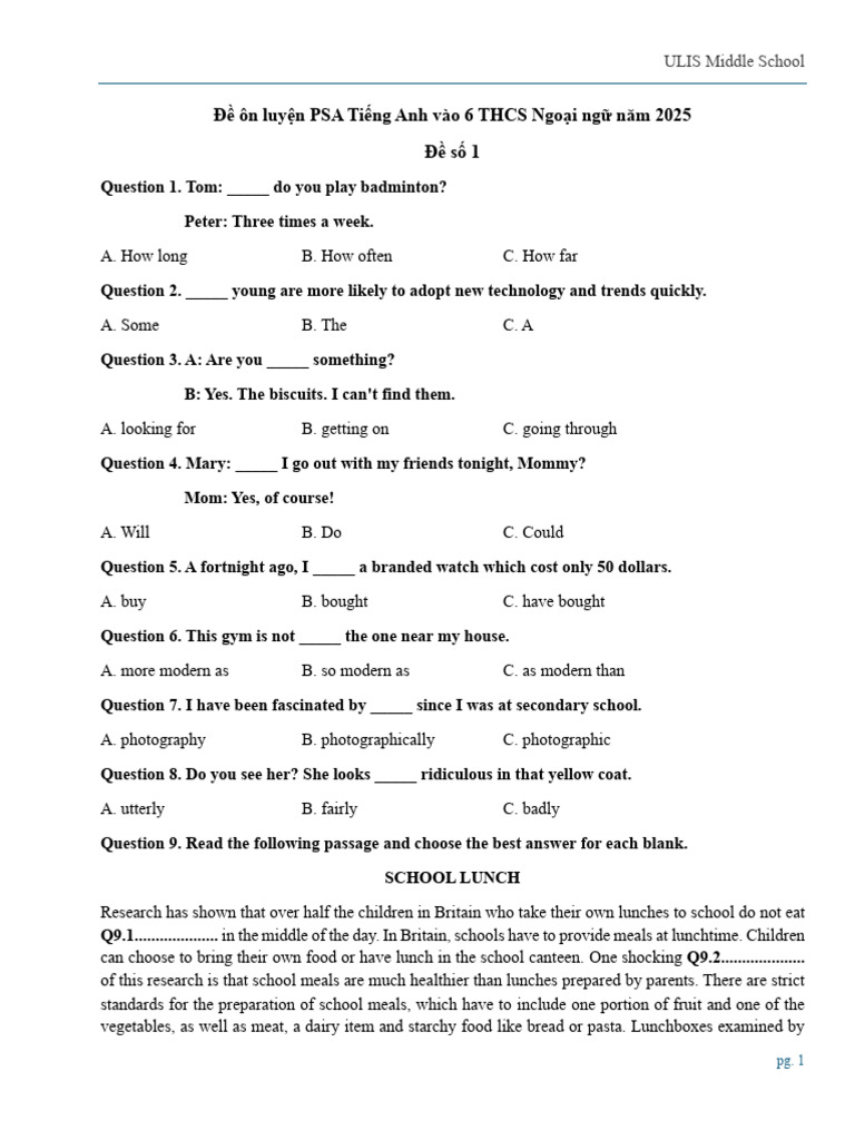 English Practice Test for 6th Grade | PDF | Lunch | School Meal
