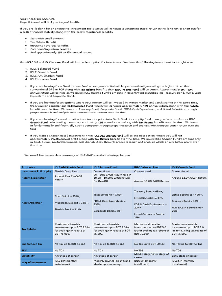 IDLC SIP Investment Options Overview | PDF | Investing | Securities ...