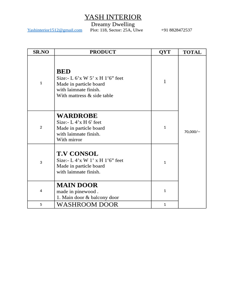 Yash Interior Furniture Price List | PDF