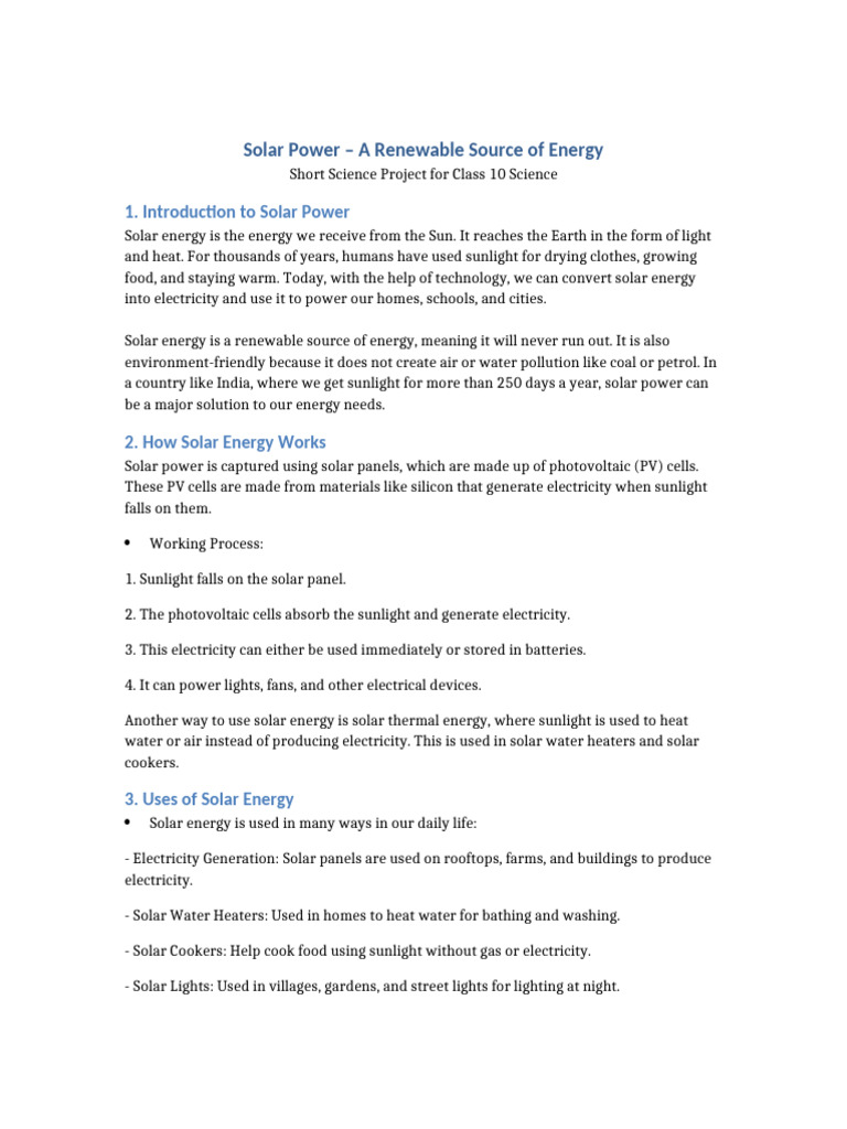 Solar Power Project Class10 | PDF | Solar Power | Solar Energy