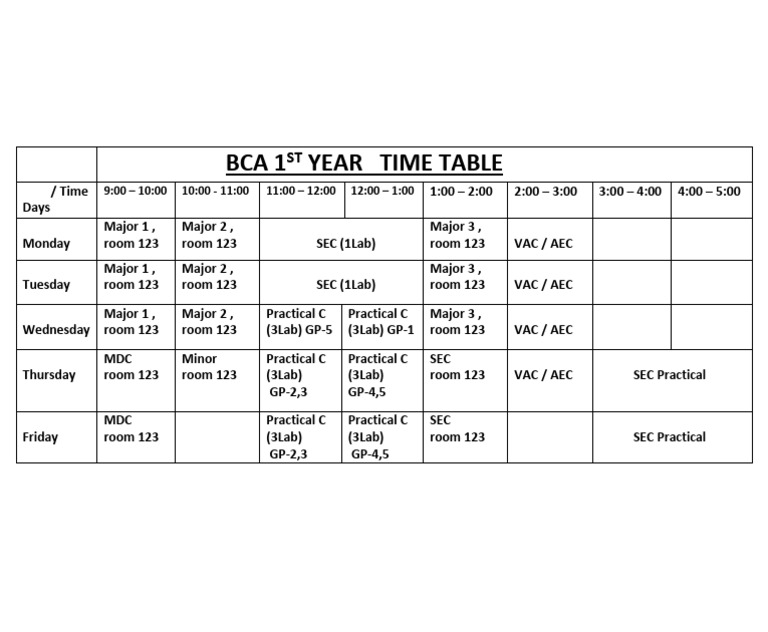 BCA 1st Year Timetable | PDF