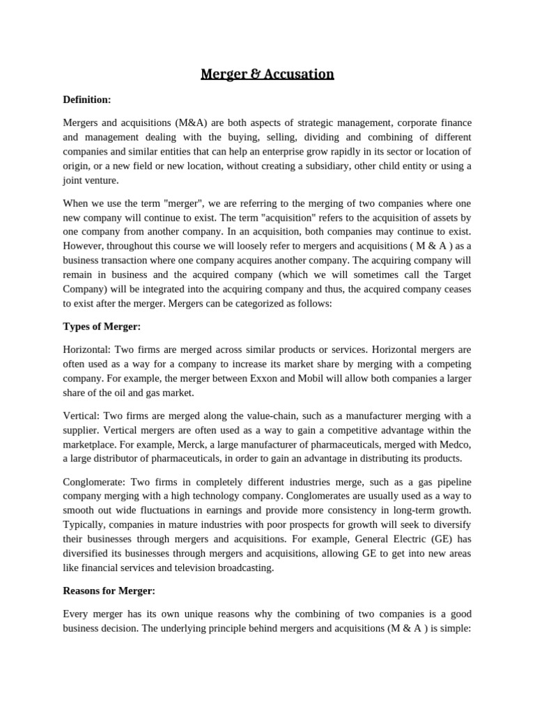 Mergers & Acquisitions: Types and Benefits | PDF | Mergers And ...