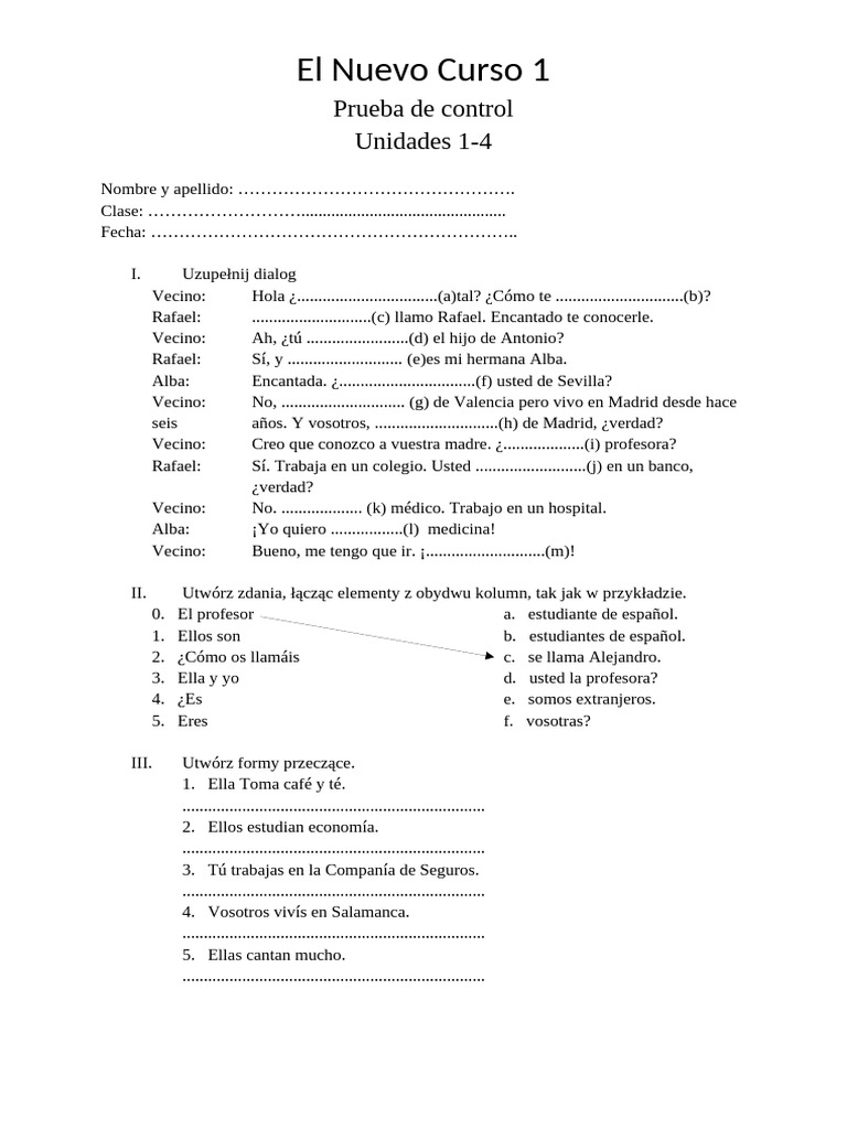 Prueba de control: Unidades 1-4 Español | PDF