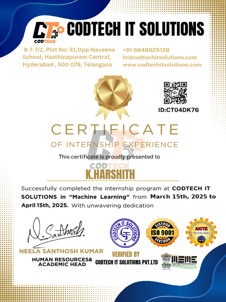 Machine Learning Internship Certificate | PDF