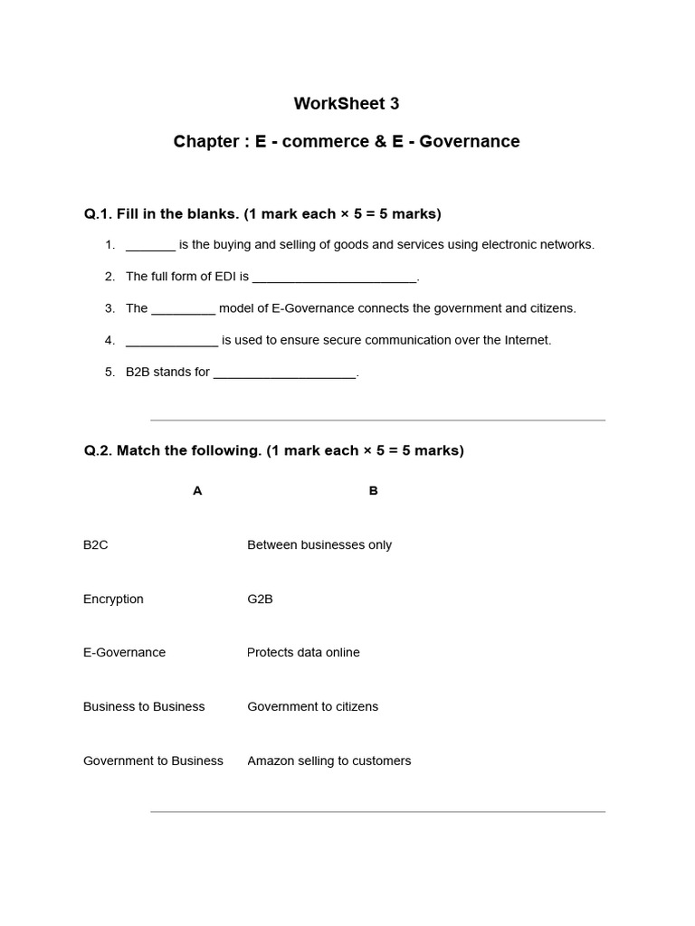E-Commerce and E-Governance Worksheet | PDF