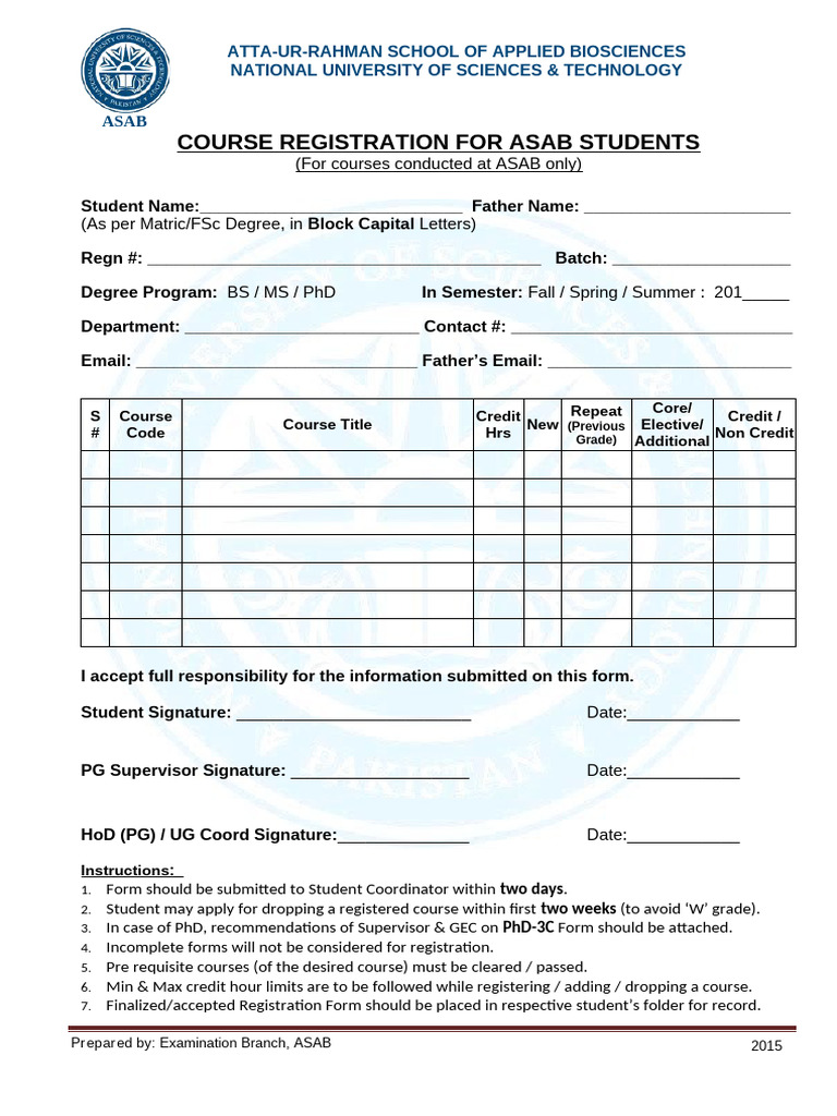 ASAB Course Registration Form 2015 | PDF