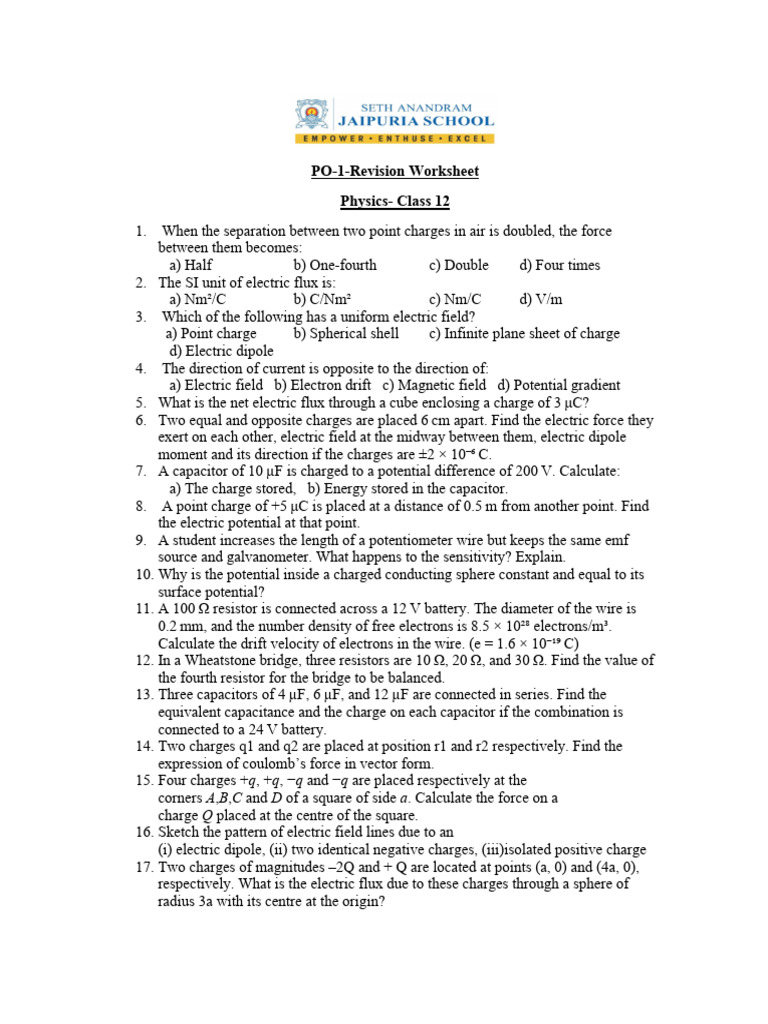 Physics Class 12 Electric Charge Worksheet | PDF | Voltage | Electric Field