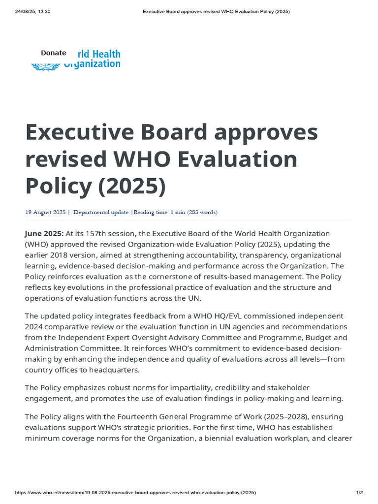 WHO Approves Revised Evaluation Policy 2025 | PDF | Evaluation | World ...