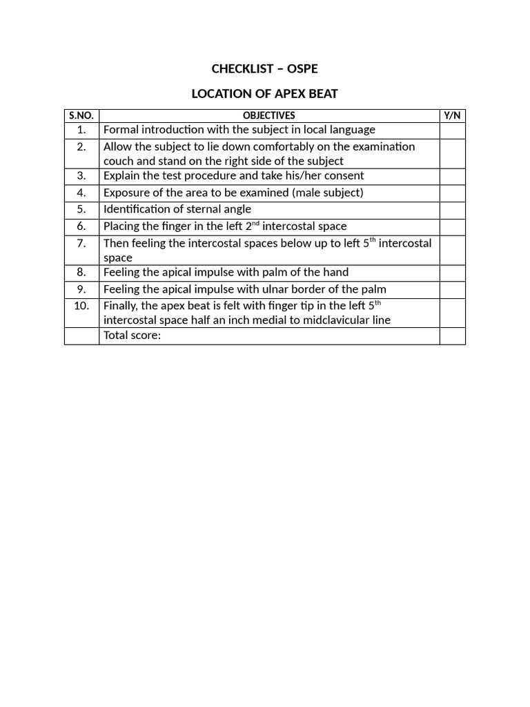 Apex Beat Examination Checklist | PDF