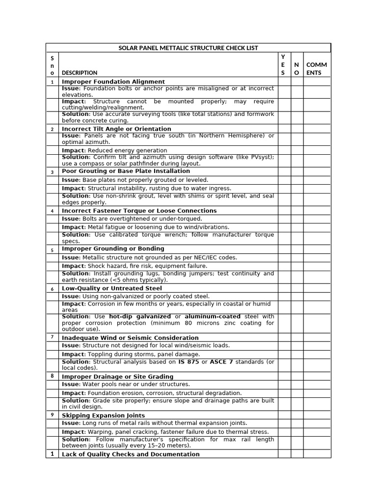 Solar Panel Structure Checklist Guide | PDF | Mechanical Engineering