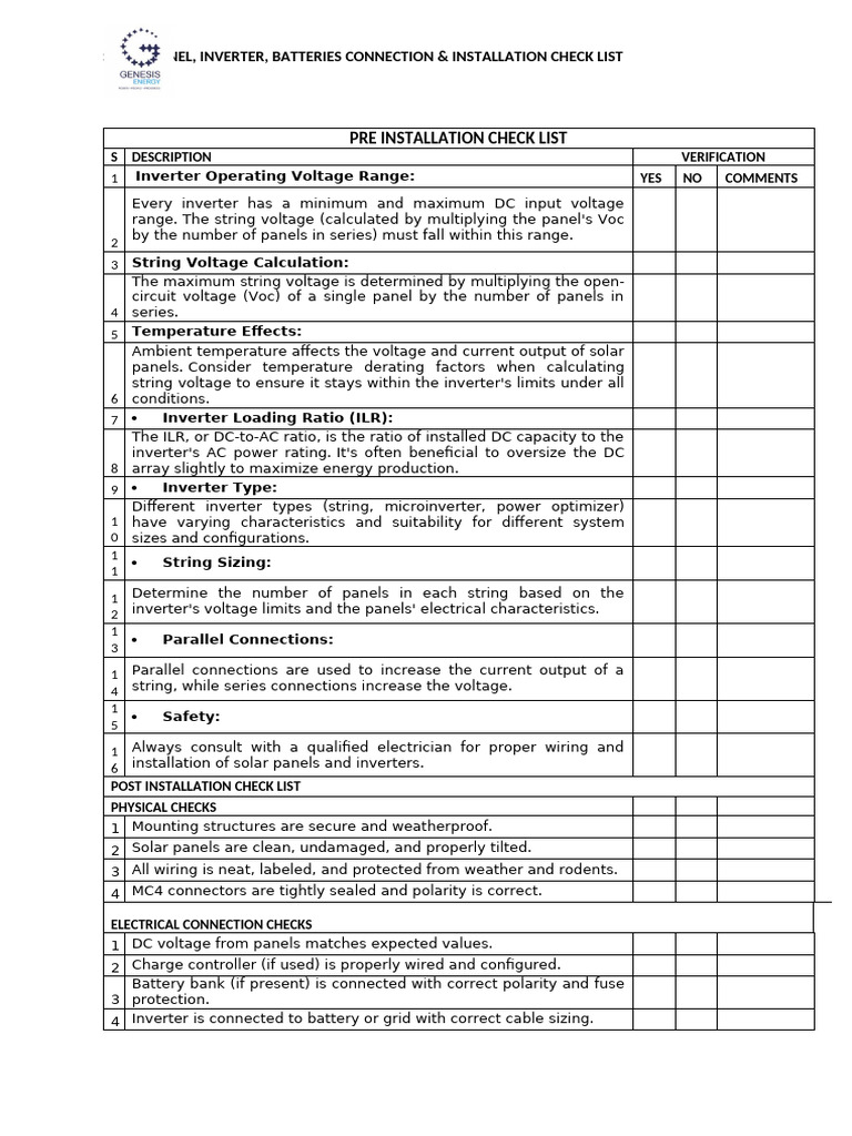 Solar Panel Installation Checklist | PDF | Power Inverter ...