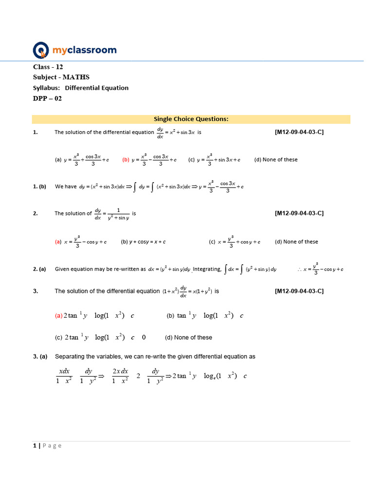 Class 12 Maths Differential Equations DPP | PDF | Mathematical Analysis ...