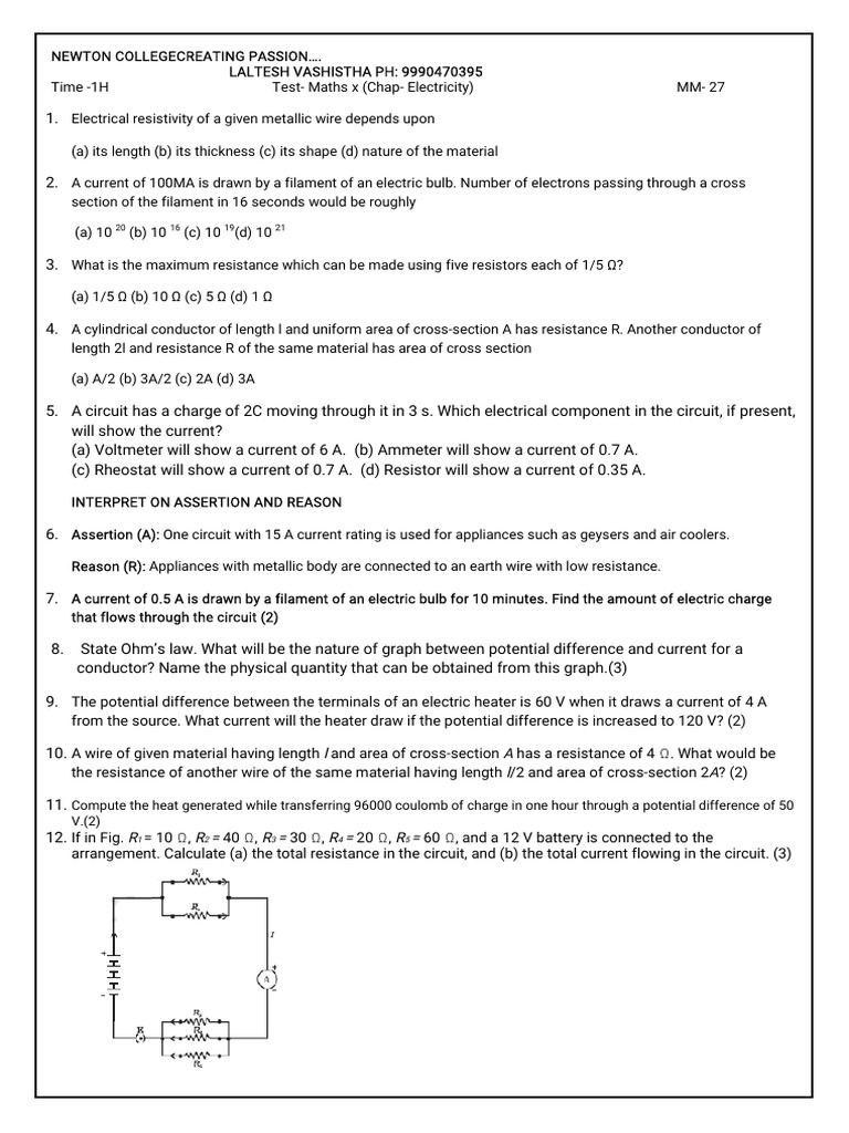 Maths Test on Electricity Concepts | PDF